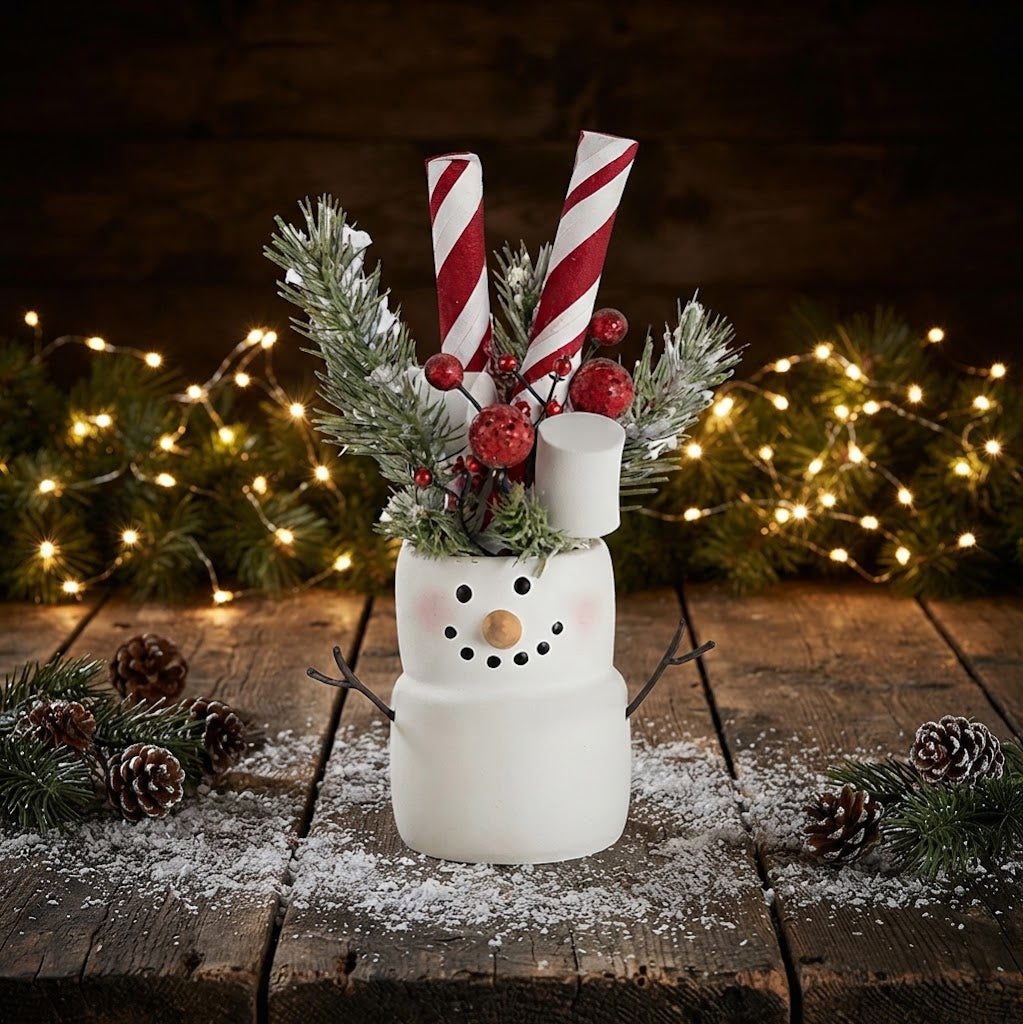 Primitive Christmas Holly Jolly 8.75" Marshmallow Snowman with Peppermint Stick