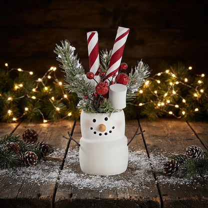 Primitive Christmas Holly Jolly 8.75" Marshmallow Snowman with Peppermint Stick