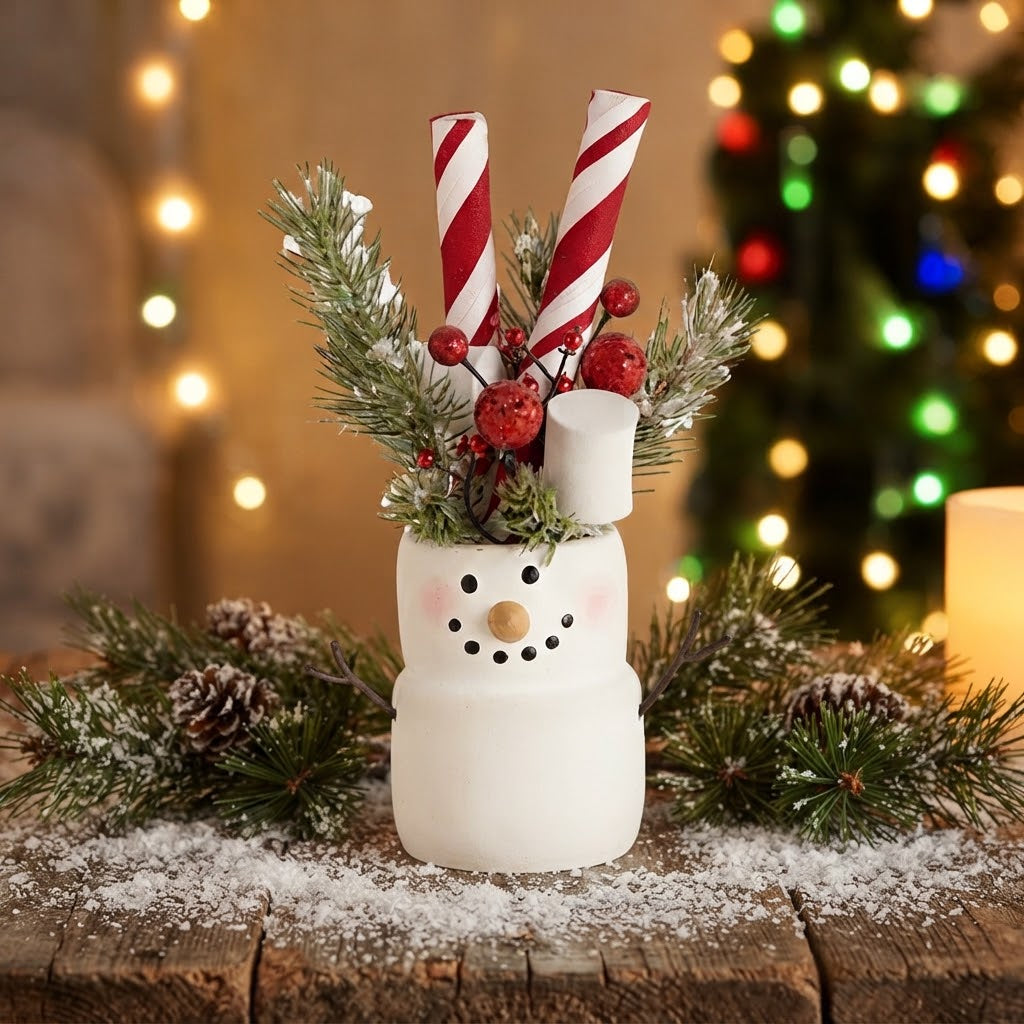 Primitive Christmas Holly Jolly 8.75" Marshmallow Snowman with Peppermint Stick