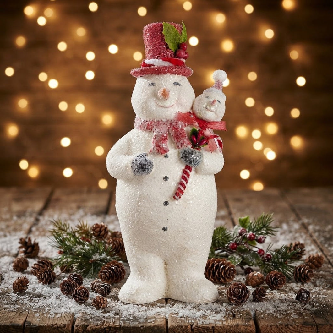 Primitive Christmas Holly Jolly 9.5" Sugar-Glittered Snowman with Red Top Hat
