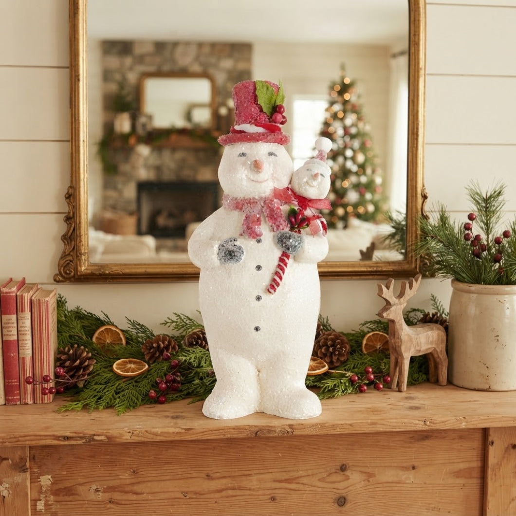Primitive Christmas Holly Jolly 9.5" Sugar-Glittered Snowman with Red Top Hat
