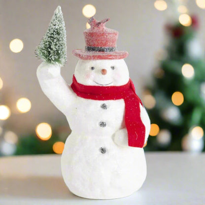 Primitive Christmas 10.25 Inch Sugar Glittered Snowman Holding Tree w/Red Top Hat