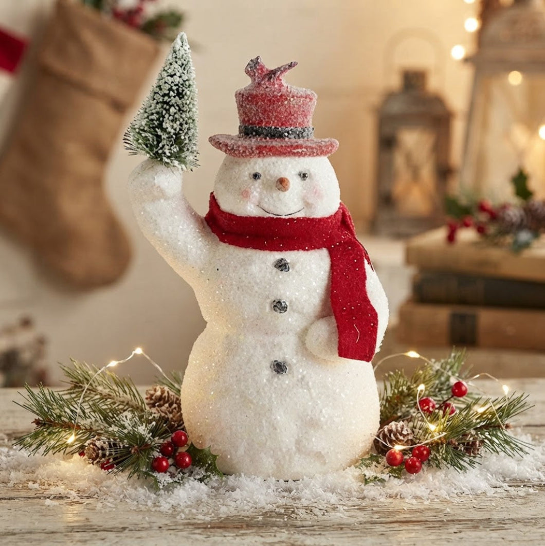 Primitive Christmas 10.25" Sugar-Glittered Snowman Holding Tree with Red Top Hat