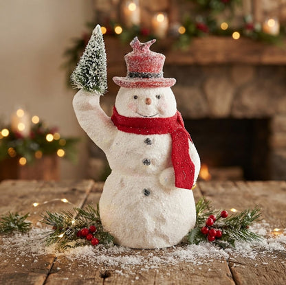 Primitive Christmas 10.25" Sugar-Glittered Snowman Holding Tree with Red Top Hat