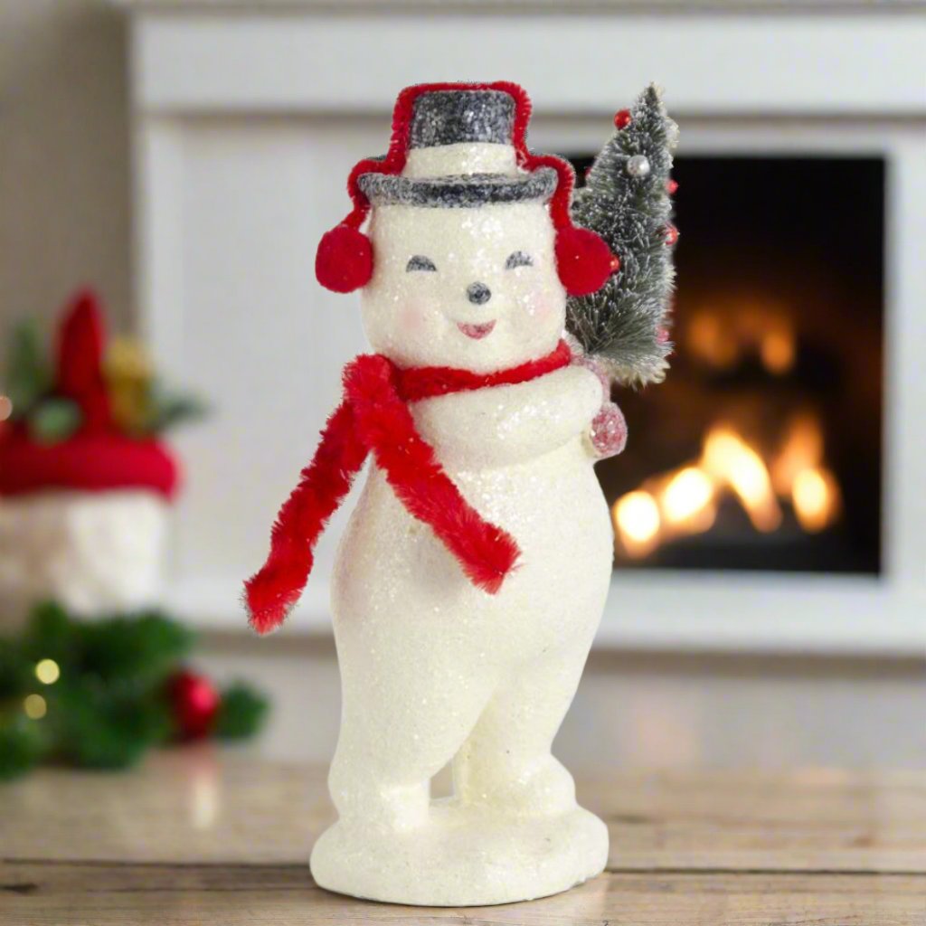 Primitive Christmas 7.75 Inch Glittered Snowman w/Red Earmuffs &amp; Scarf/Tree