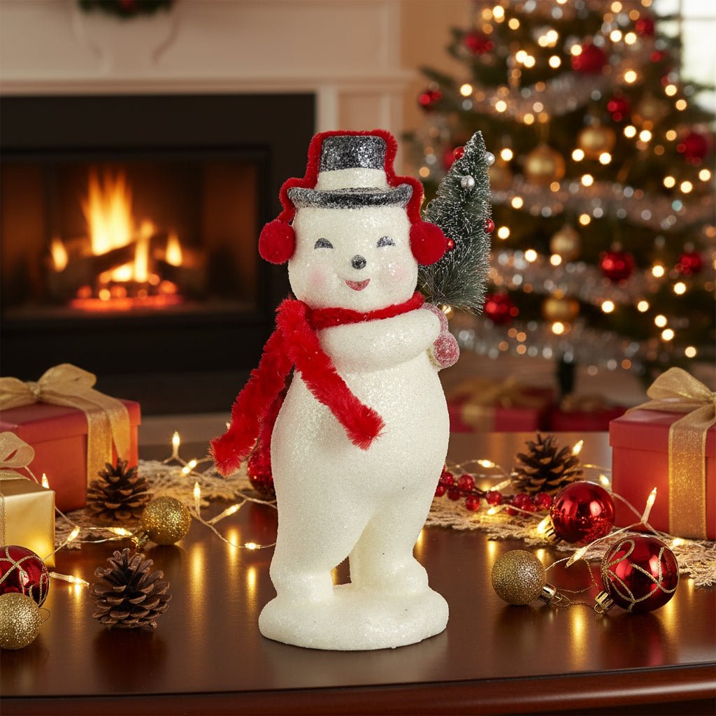 Primitive Christmas 7.75 Inch Glittered Snowman w/Red Earmuffs &amp; Scarf/Tree - The Primitive Pineapple Collection