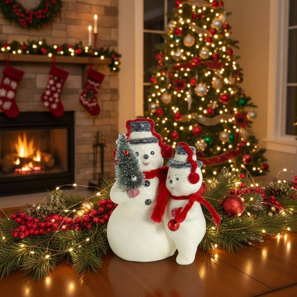 Primitive Christmas 6.25 Inch Glittered Snowmen w/Red Earmuffs/Scarf and Tree - The Primitive Pineapple Collection