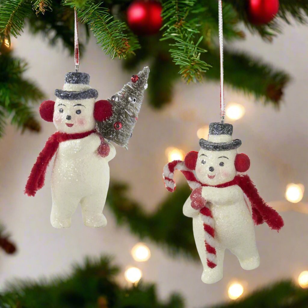 Primitive Christmas Retro Glittered Snowman Ornaments 2 Styles