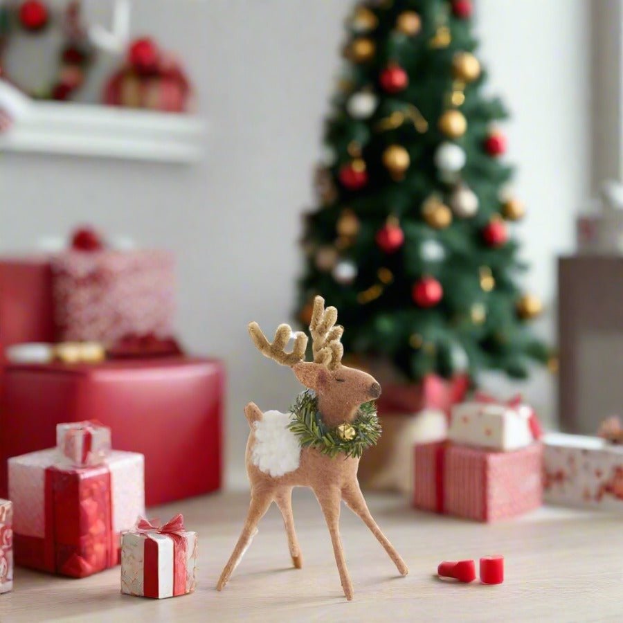 Primitive Farmhouse Christmas 6" Tan Wool Reindeer with Wreath and Bell - The Primitive Pineapple Collection