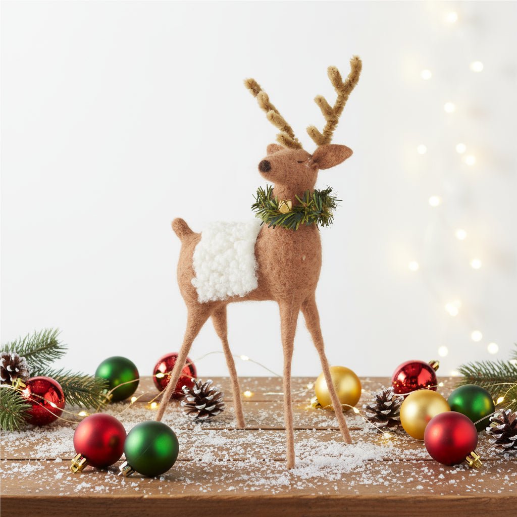 Primitive Farmhouse Christmas 10.25&quot; Tan Wool Reindeer with Wreath and Bell - The Primitive Pineapple Collection