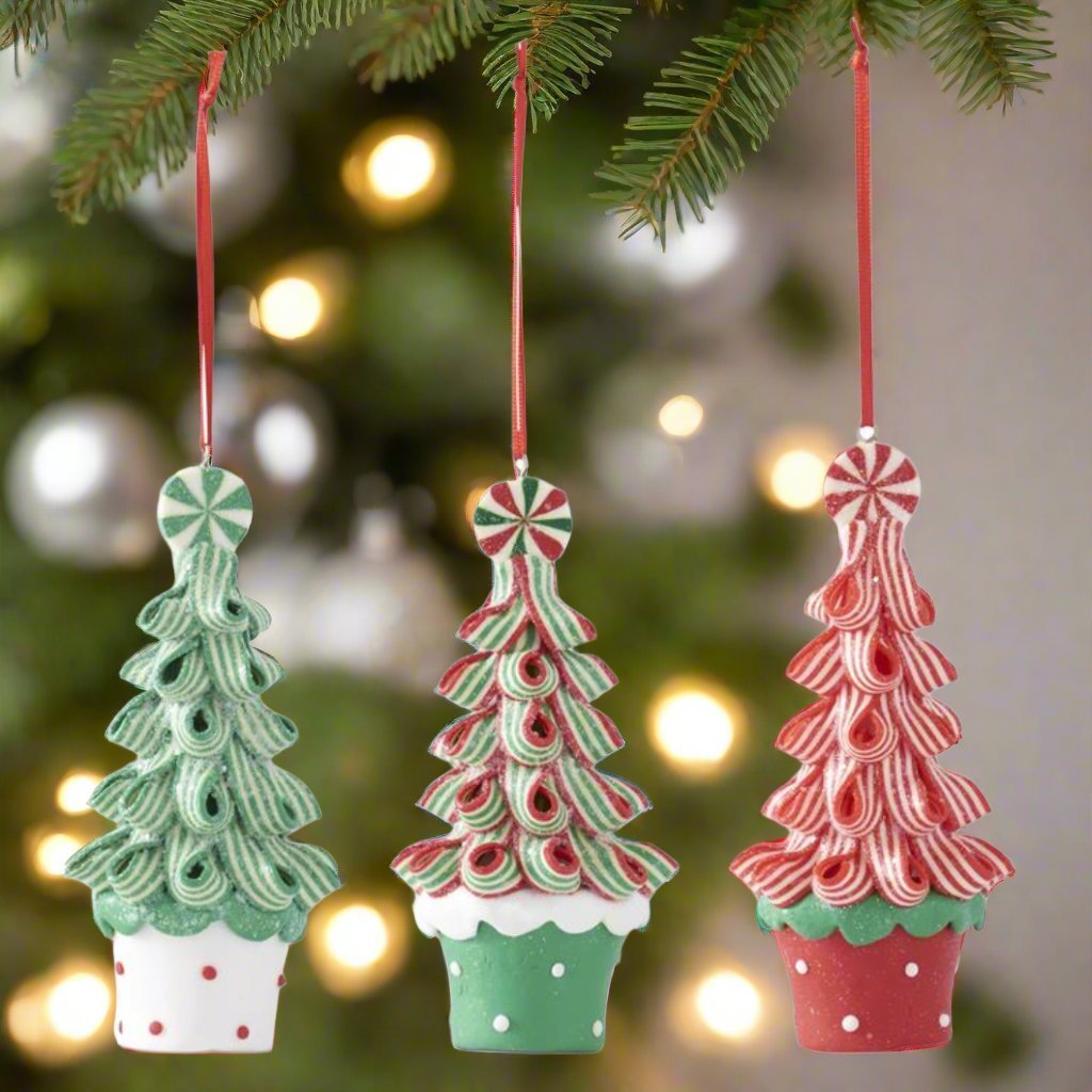 Primitive Christmas 5.25”Red and Green Ribbon Candy Tree Ornament 3 Styles - The Primitive Pineapple Collection