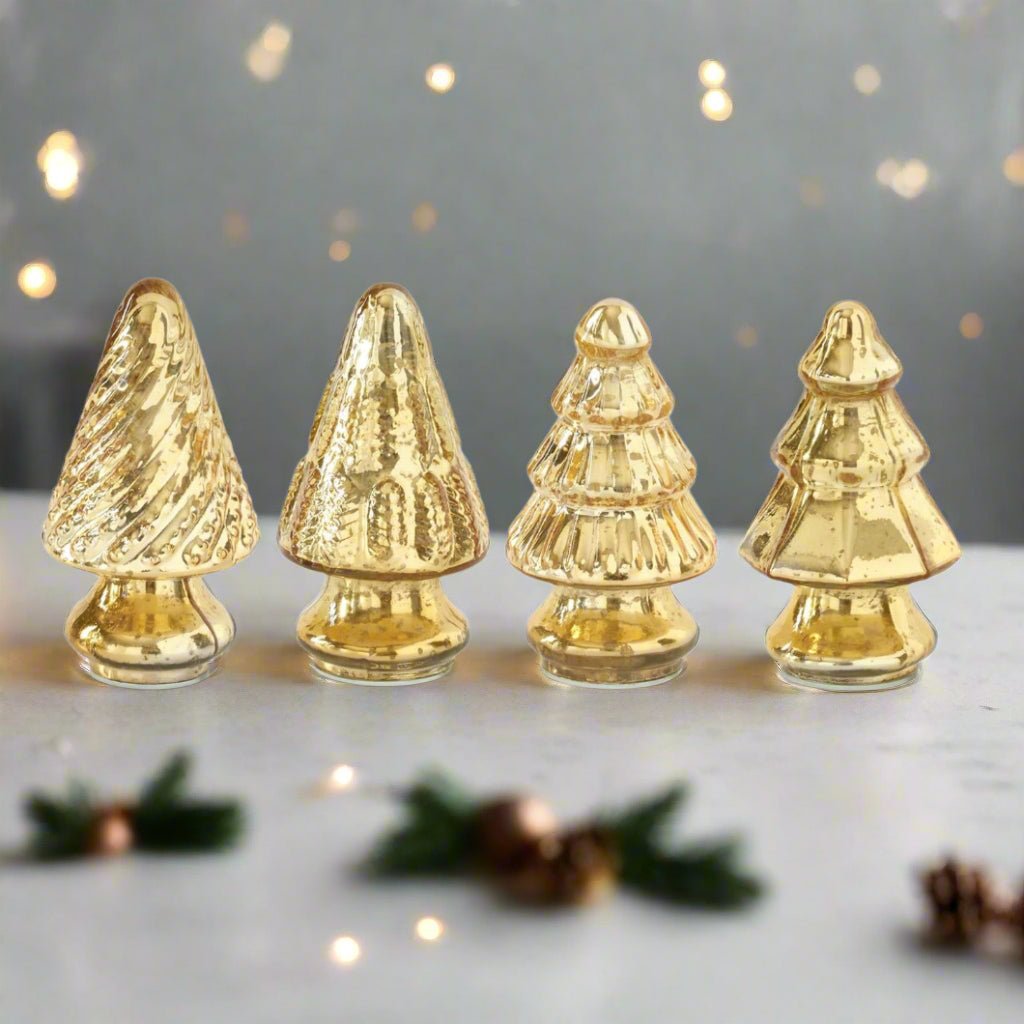 Primitive Christmas 5.25” Gold Mercury Glass Tree 4 pc set - The Primitive Pineapple Collection