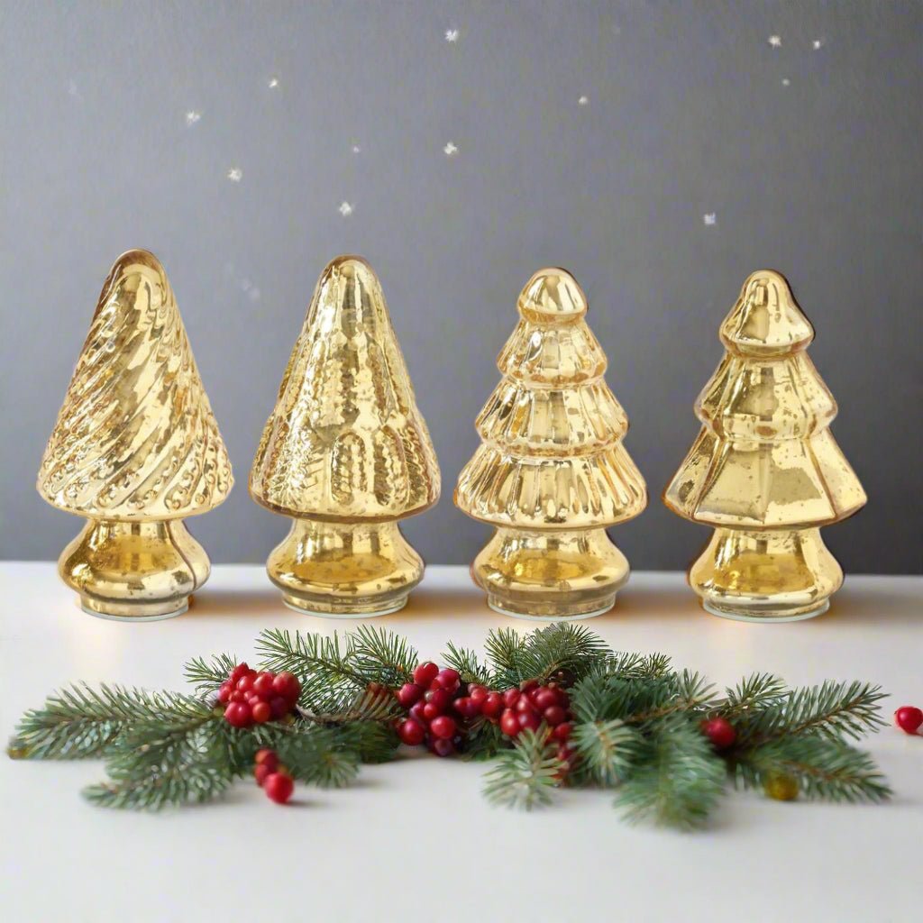 Primitive Christmas 5.25” Gold Mercury Glass Tree 4 pc set - The Primitive Pineapple Collection