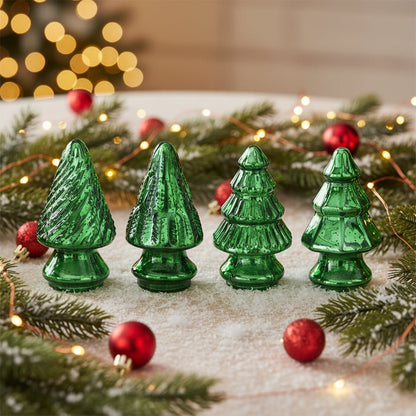 Primitive Christmas 5.25” Emerald Green Mercury Glass Tree 4 pc - The Primitive Pineapple Collection