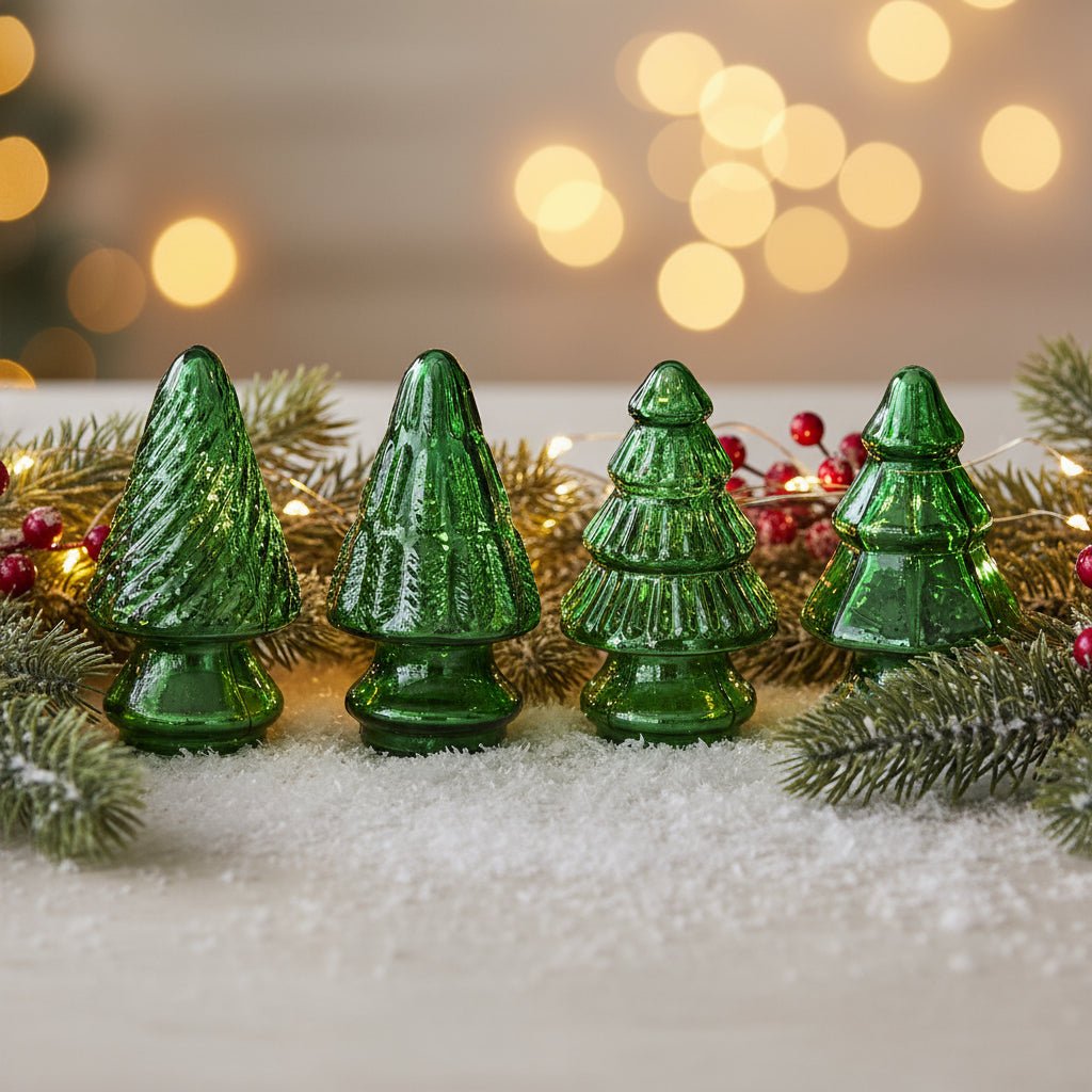 Primitive Christmas 5.25” Emerald Green Mercury Glass Tree 4 pc - The Primitive Pineapple Collection