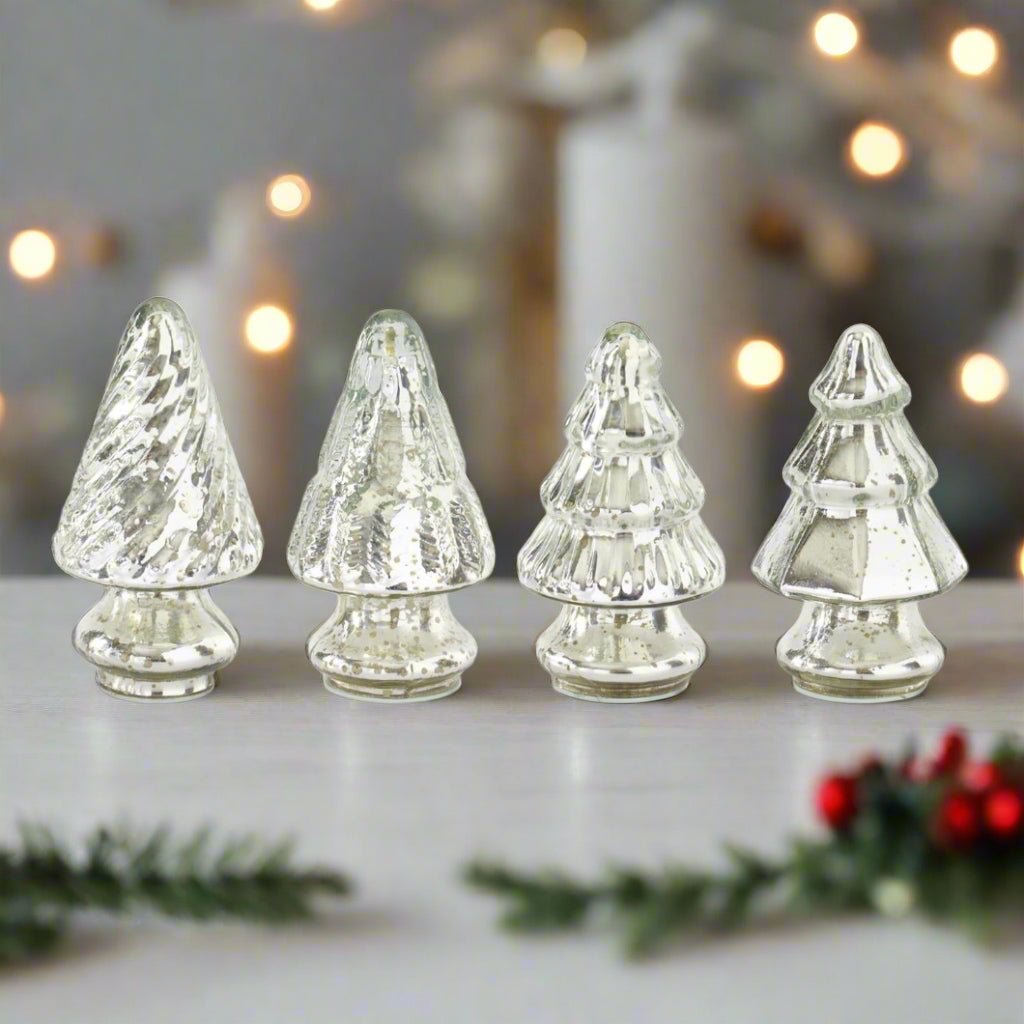 Primitive Christmas 5.25” Silver Mercury Glass Tree 4 pc set - The Primitive Pineapple Collection