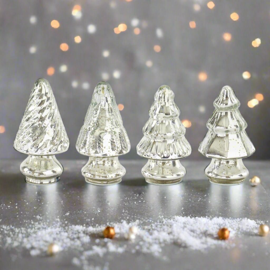 Primitive Christmas 5.25” Silver Mercury Glass Tree 4 pc set - The Primitive Pineapple Collection