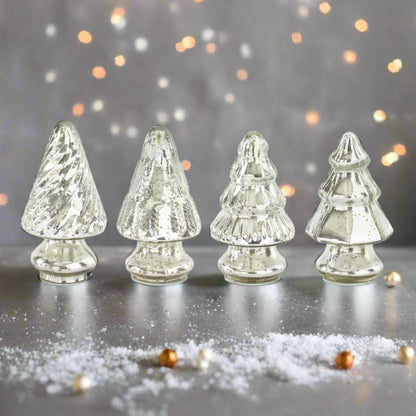 Primitive Christmas 5.25” Silver Mercury Glass Tree 4 pc set - The Primitive Pineapple Collection