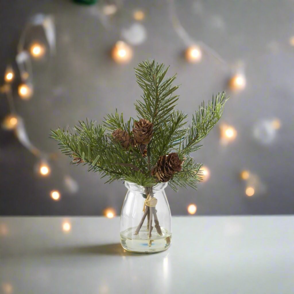 Farmhouse Christmas Pine Sprig with Mini Pine Cone in Glass Vase 8" - The Primitive Pineapple Collection