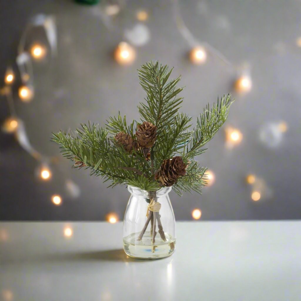 Farmhouse Christmas Pine Sprig with Mini Pine Cone in Glass Vase 8&quot;