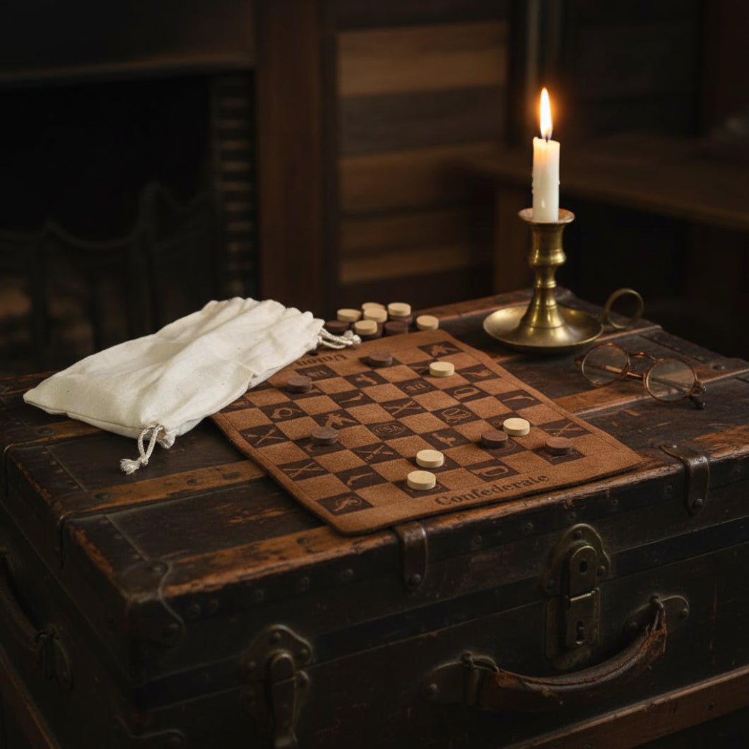 Civil War Checkers Set Handmade Leather Board Game - Historical Reproduction - The Primitive Pineapple Collection