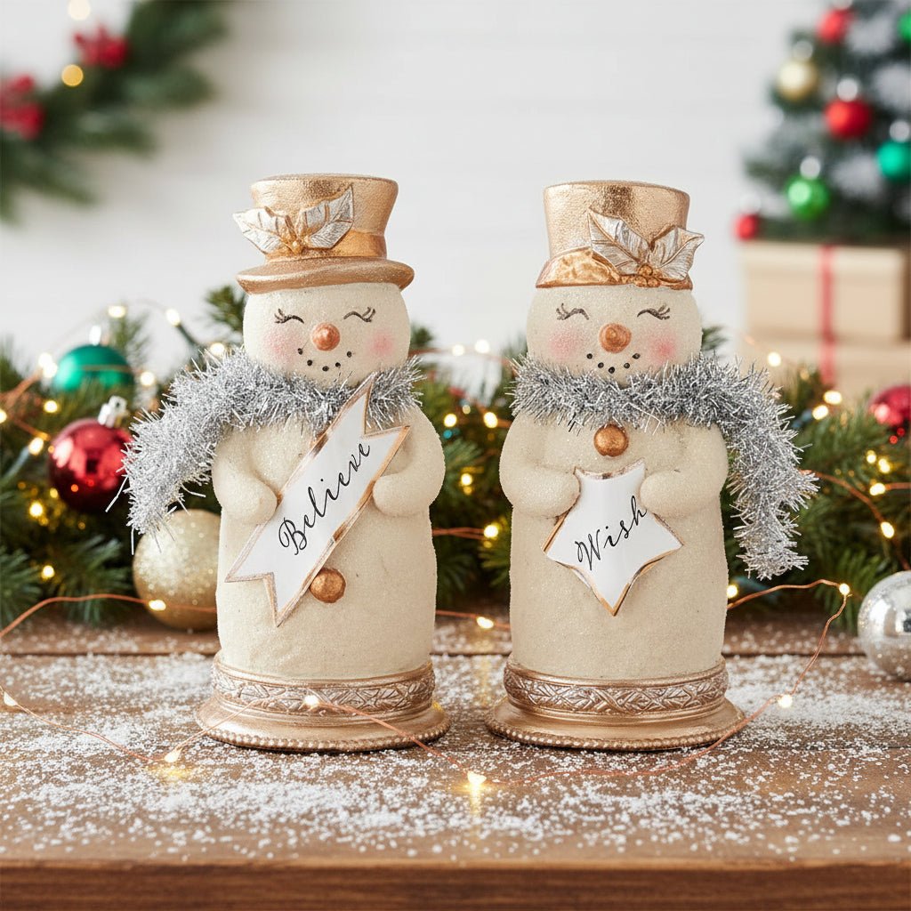 Primitive Vintage Look Christmas Believe or Wish Style 5.5&quot; Snowman w/ Silver Tinsel - The Primitive Pineapple Collection