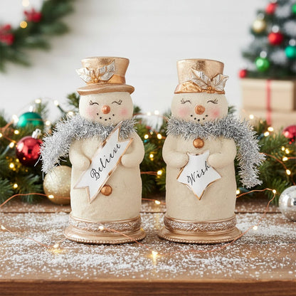 Primitive Vintage Look Christmas Believe or Wish Style 5.5&quot; Snowman w/ Silver Tinsel - The Primitive Pineapple Collection