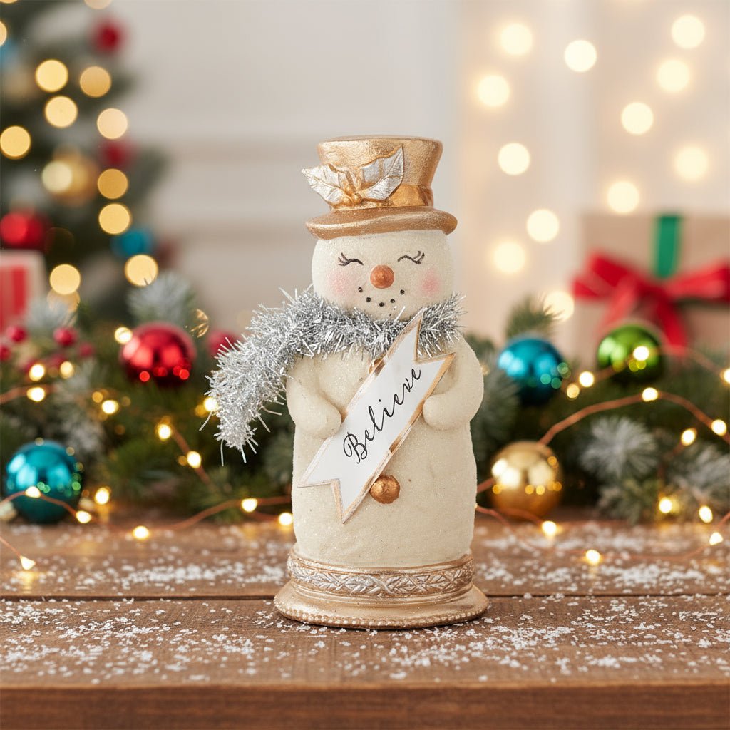 Primitive Vintage Look Christmas Believe or Wish Style 5.5&quot; Snowman w/ Silver Tinsel - The Primitive Pineapple Collection