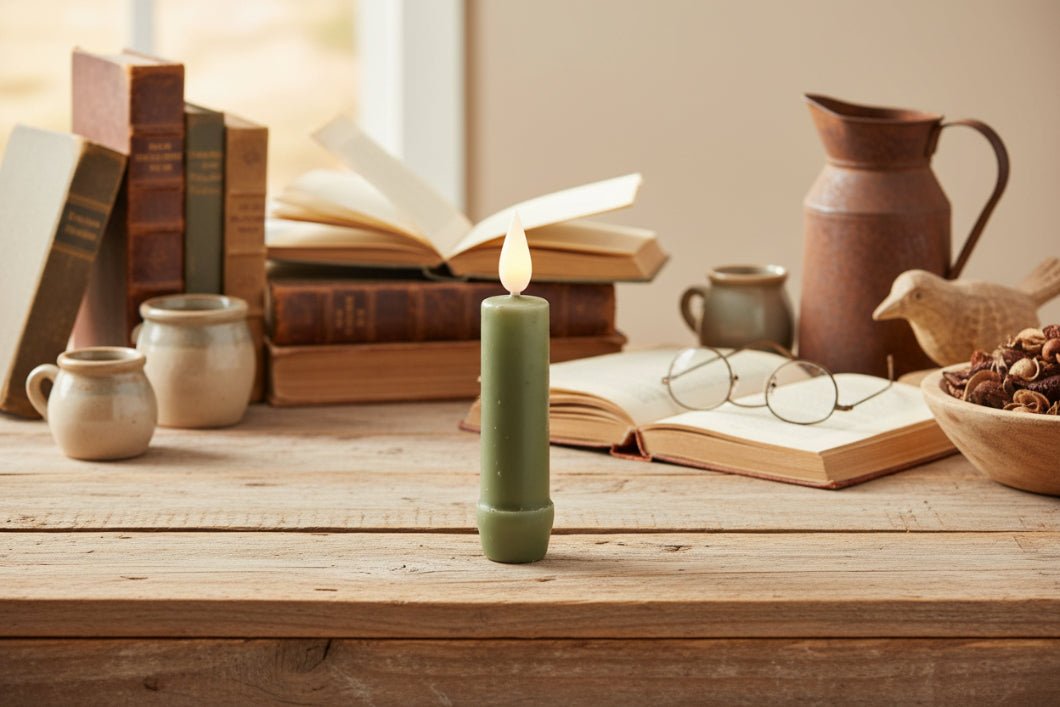 Primitive 4.25" Sage Green LED Taper Candle w/Timer - The Primitive Pineapple Collection