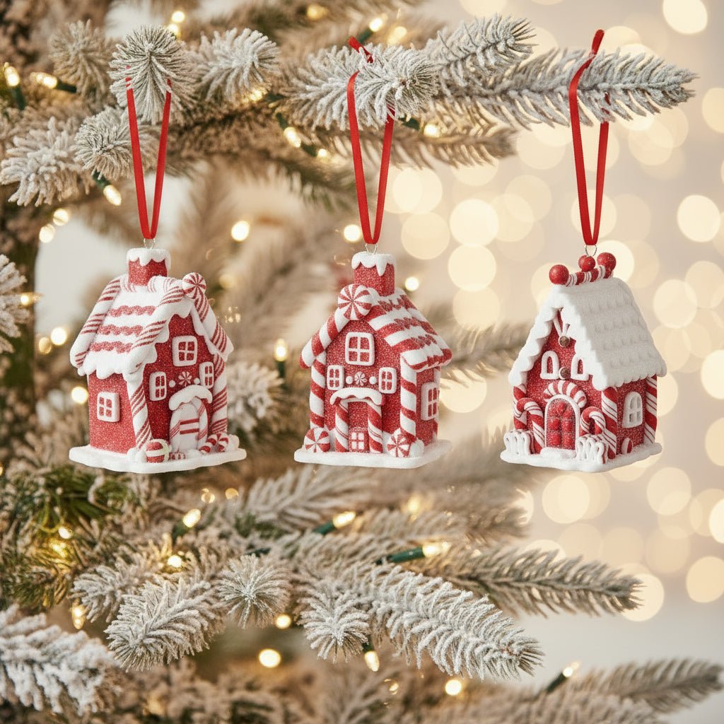 Christmas 3.75 Inch Red and White Candy Cane House Ornaments 3 Styles - The Primitive Pineapple Collection