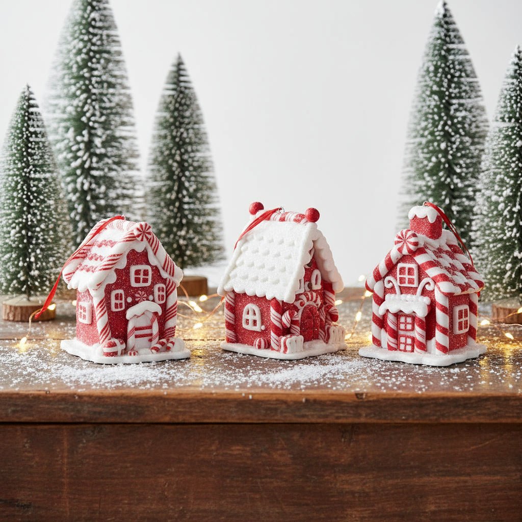 Christmas 3.75 Inch Red and White Candy Cane House Ornaments 3 Styles - The Primitive Pineapple Collection
