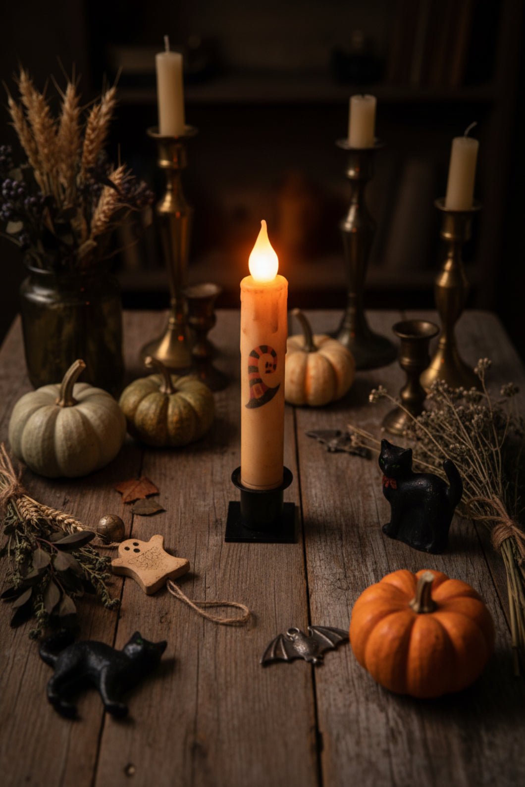 Primitive Handcrafted Black with Orange Stripe Witch Hat LED Timer Taper Candle - The Primitive Pineapple Collection