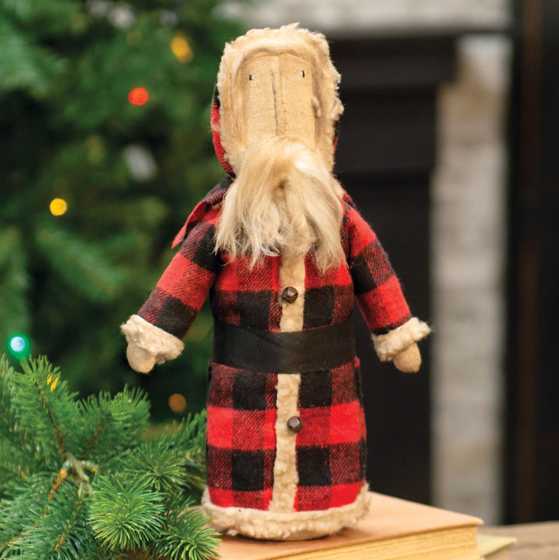 Primitive Christmas Rustic 12&quot;Buffalo Plaid Santa Stump Doll w/ Bells - The Primitive Pineapple Collection