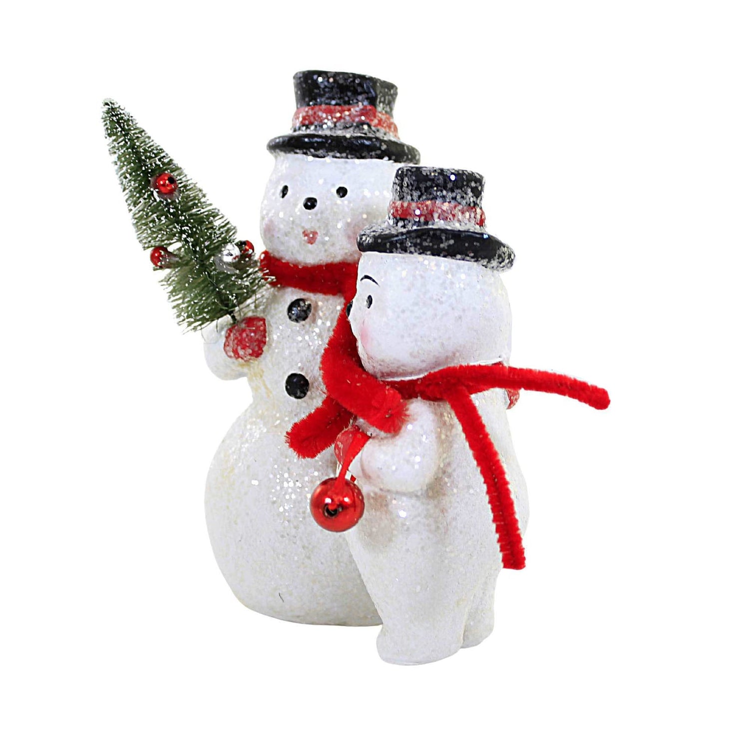 Christmas Pair Of Vintage Look Dapper Snowmen w/ Bottle Brush Tree Figurine - The Primitive Pineapple Collection