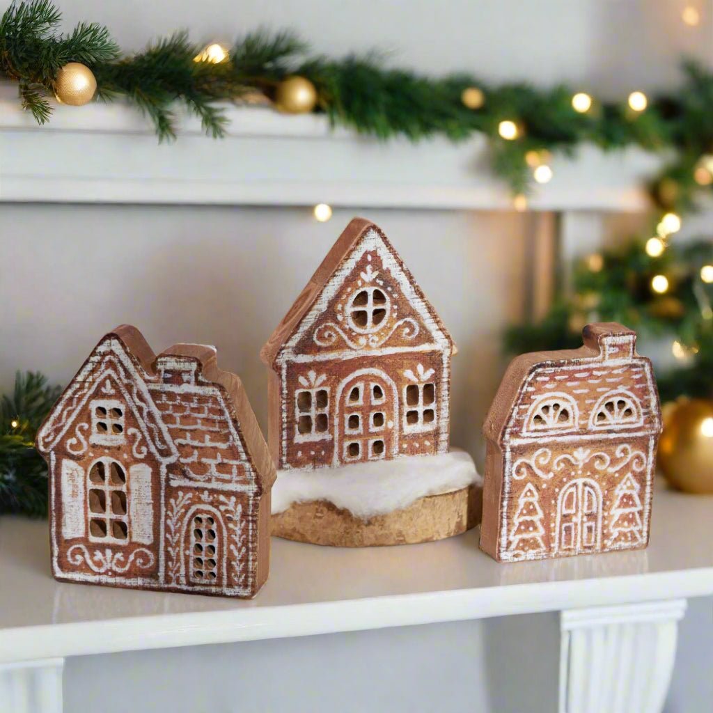 Primitive Christmas Gingerbread Village Chunky Shelf Sitter Set - The Primitive Pineapple Collection