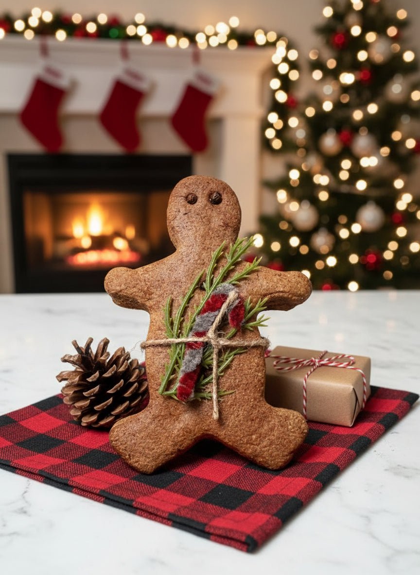 Primitive Christmas 5&quot; Gingerbread Boy Cookie w/ Candy Cane and Greens - The Primitive Pineapple Collection