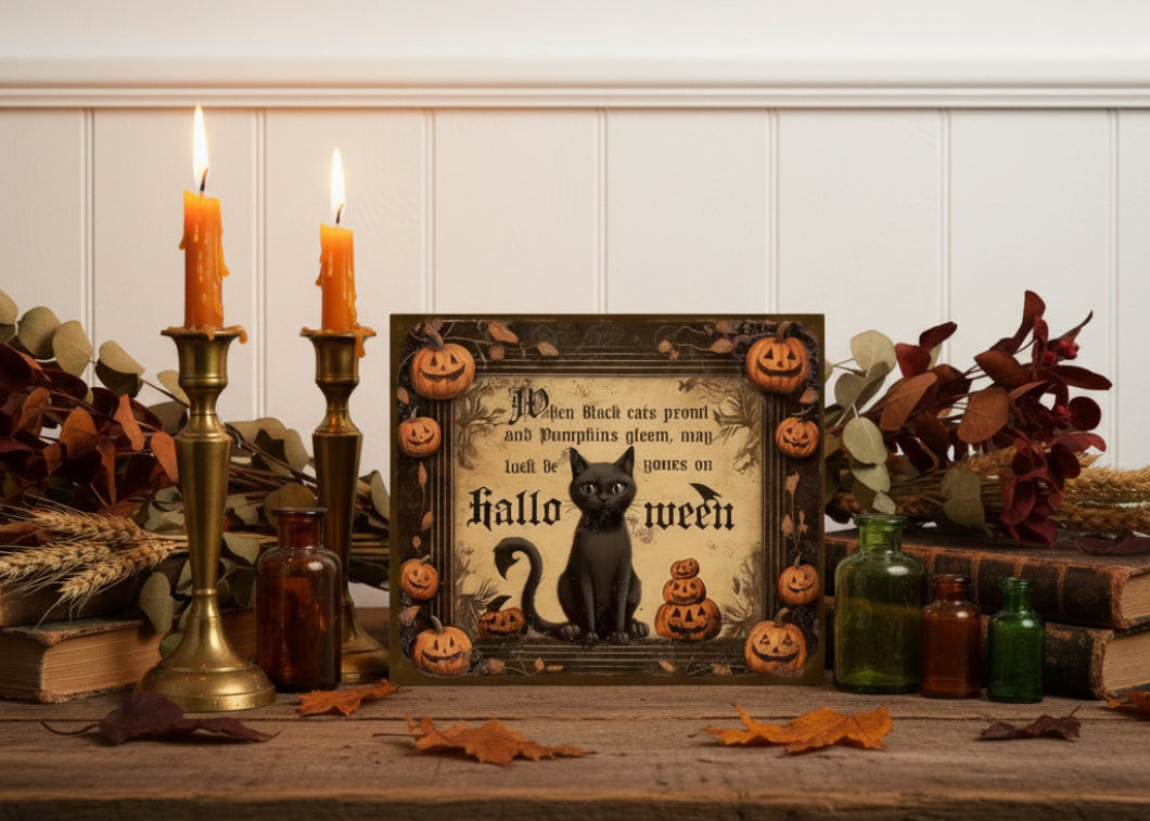 Primitive Halloween When Black Cats Prowl 12x18 Metal Sign