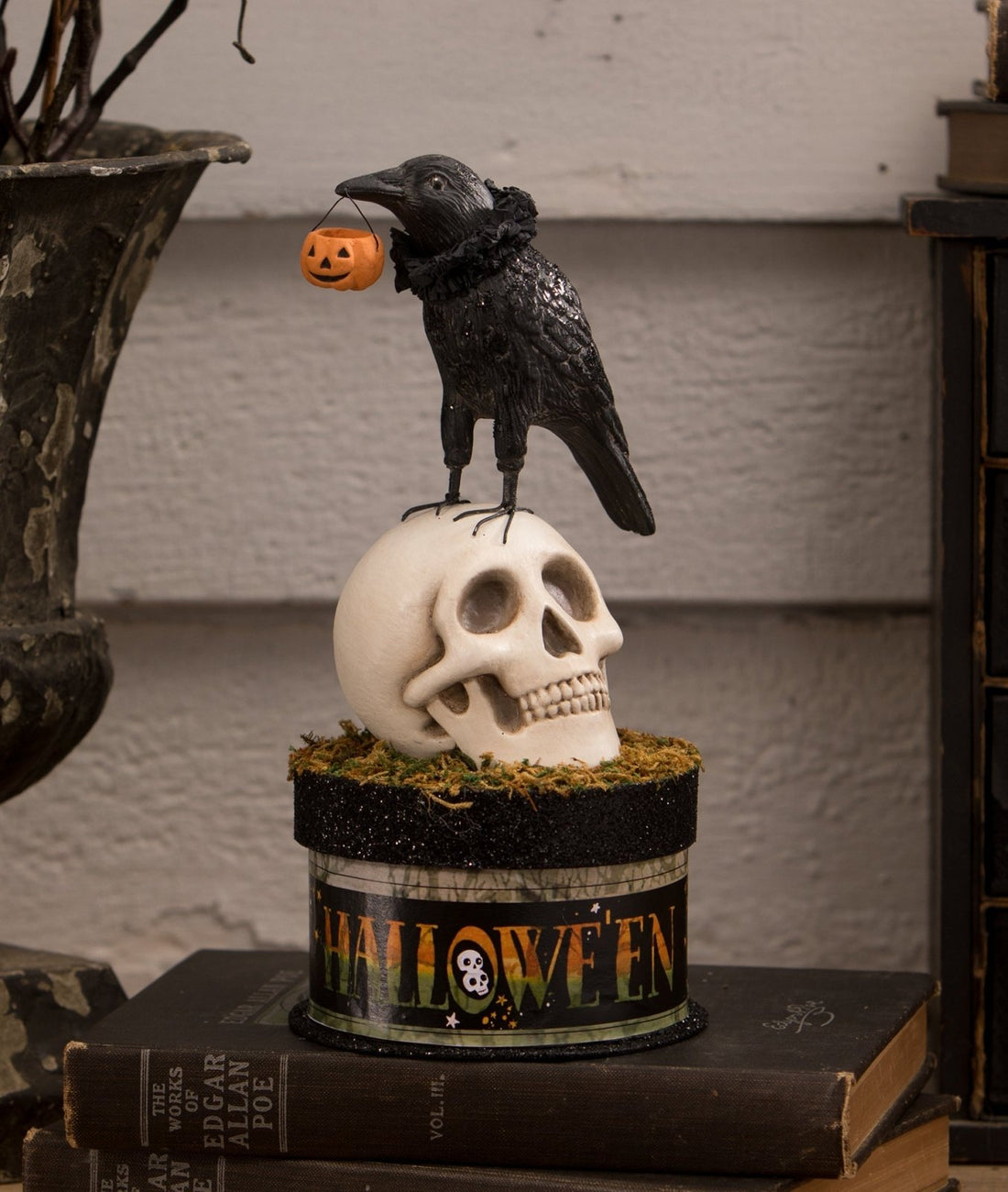 Bethany Lowe Halloween Crow and Skull on Box TL3356 - The Primitive Pineapple Collection