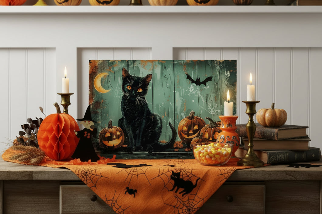 Primitive Halloween Black Cat Pumpkins 12x8 Metal Sign