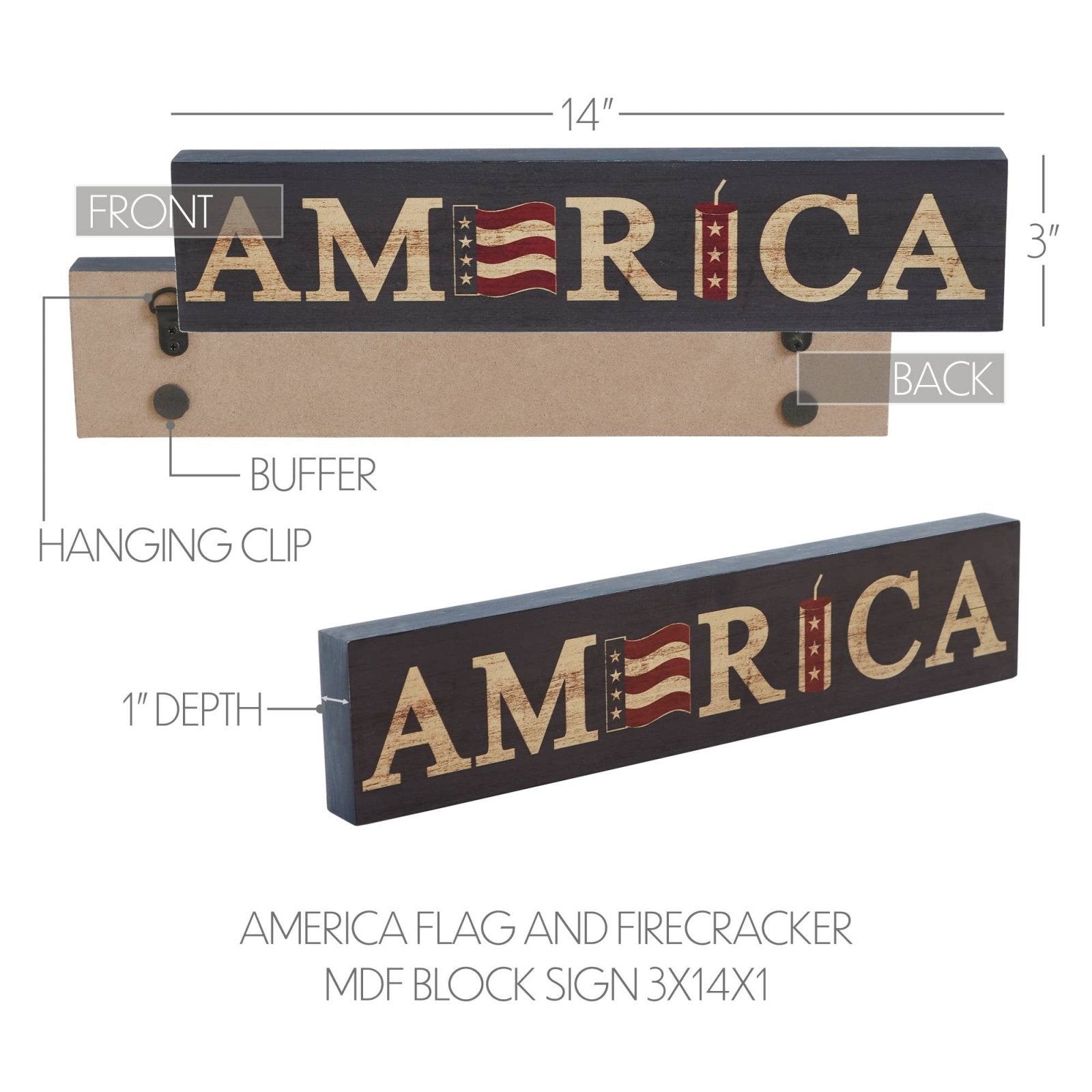 Patriotic AMERICA Flag &amp; Firecracker Block Sign 3x14x1 - The Primitive Pineapple Collection
