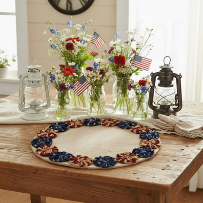 Americana Canvas Candle Mat (13") - Primitive Patriotic Table Decor with Star Pinwheels - The Primitive Pineapple Collection