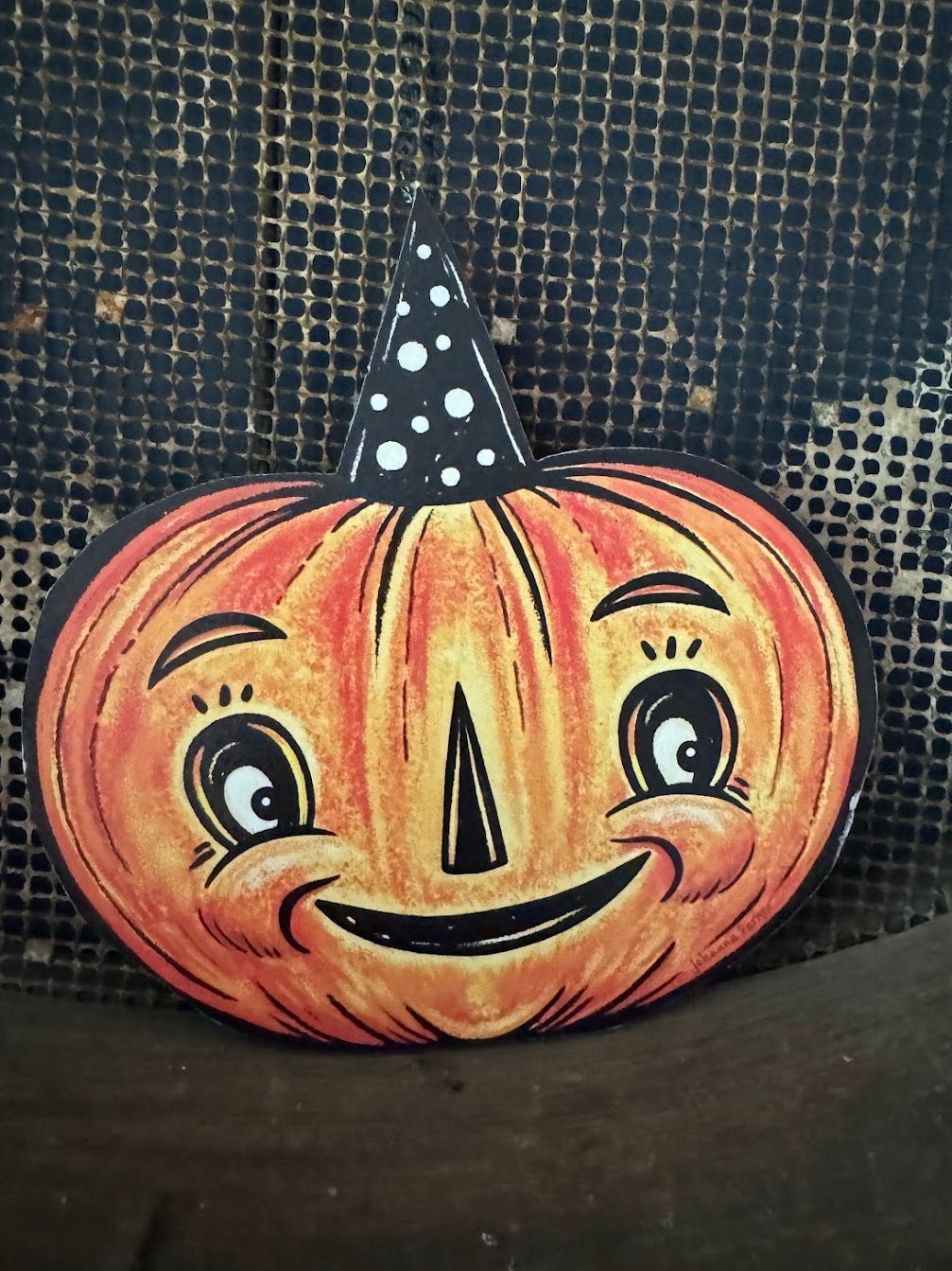 Handcrafted USA  Halloween Johanna Parker Jack O Lantern with Hat Wood Cutout 5&quot;