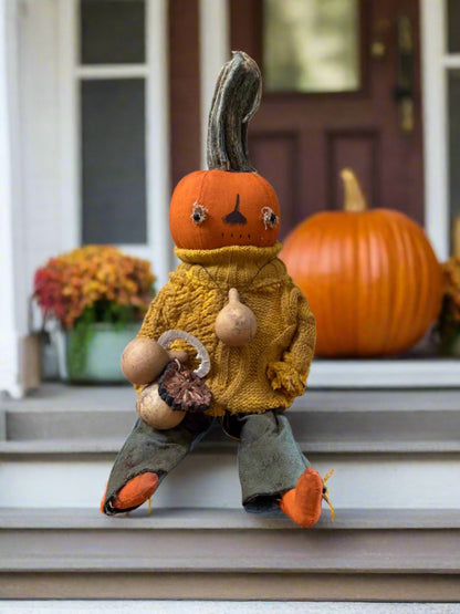 Primitive Handcrafted Pumpkin Doll Paulie w/ Gourd 12&quot;