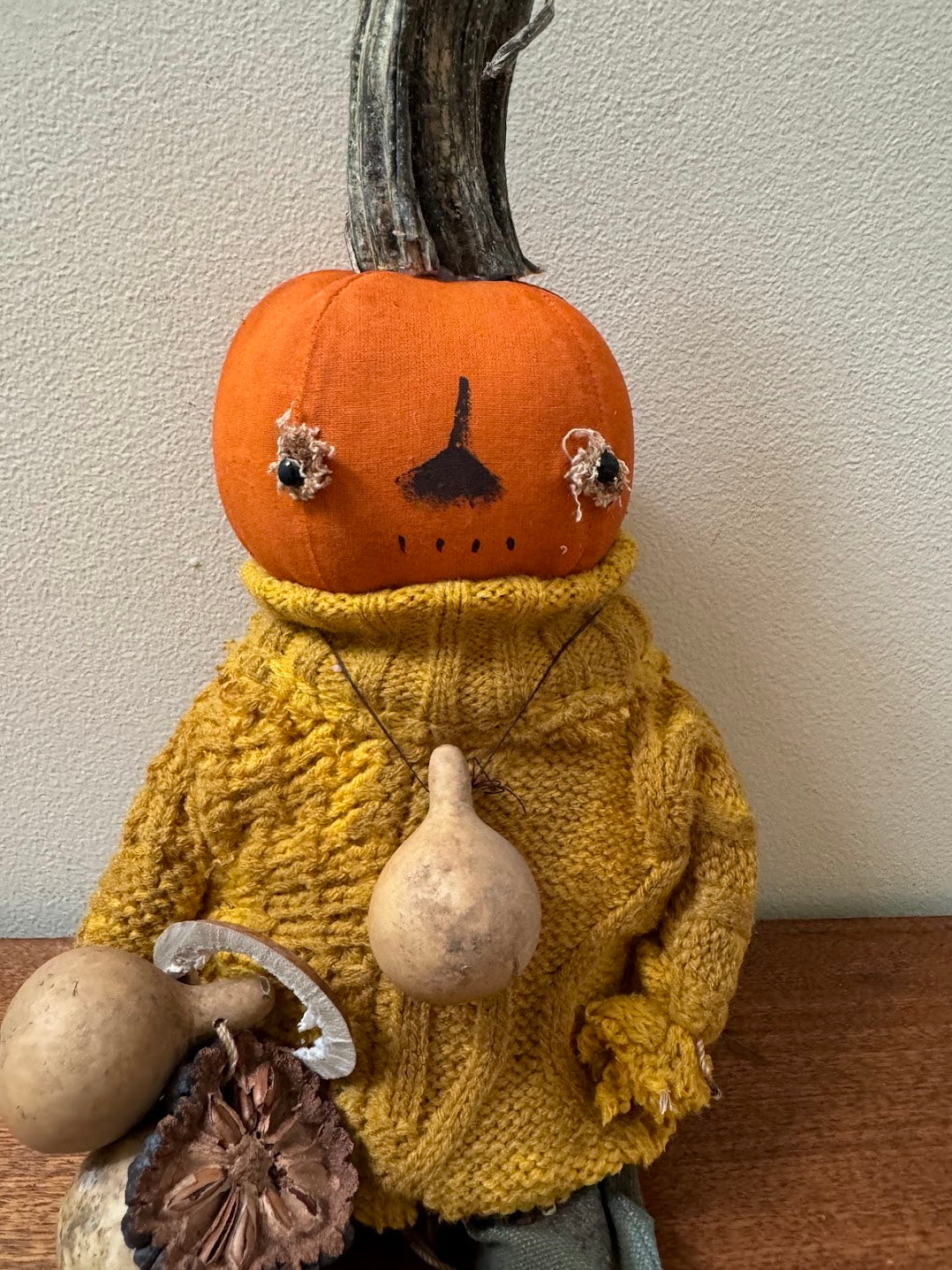 Primitive Handcrafted Pumpkin Doll Paulie w/ Gourd 12&quot;