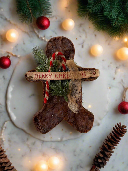 Primitive Handcrafted 6.25&quot; Rustic Merry Christmas Gingerbread Man w/ Candy Cane