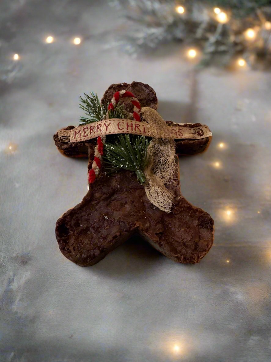 Primitive Handcrafted 6.25&quot; Rustic Merry Christmas Gingerbread Man w/ Candy Cane