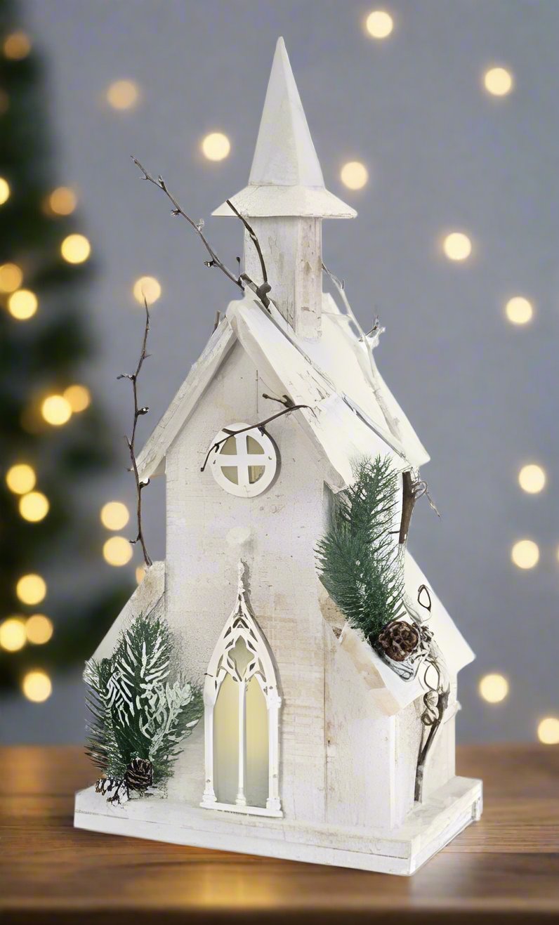 Christmas Rustic 18.75&quot; Electric Light Up Snow Covered Wood Church Pine Accents