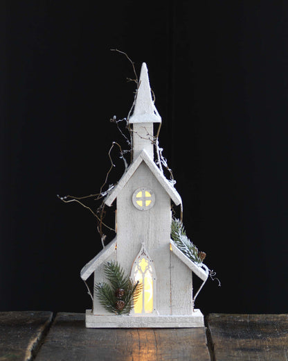 Christmas Rustic 18.75&quot; Electric Light Up Snow Covered Wood Church Pine Accents