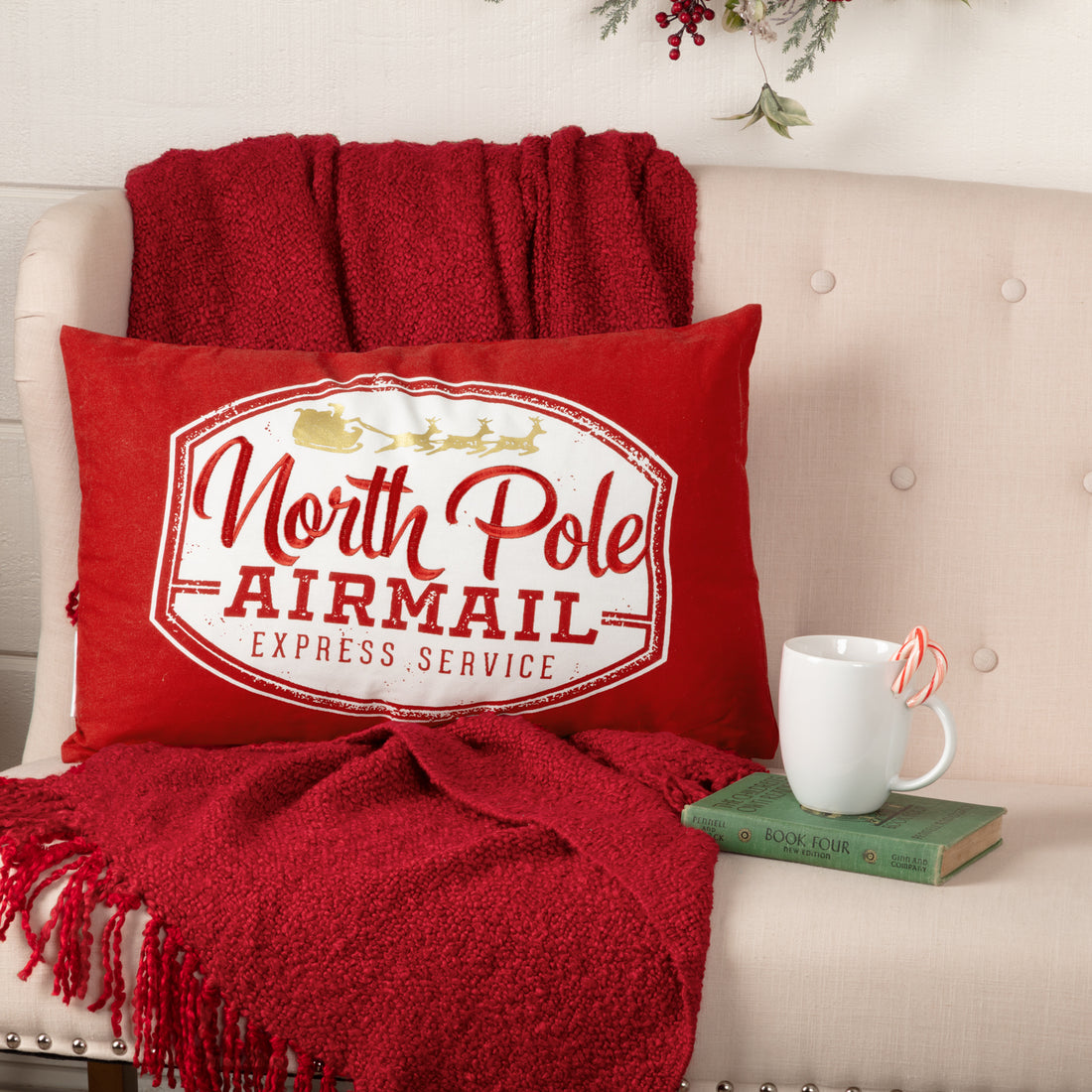 Primitive Christmas North Pole Airmail Pillow 14x22