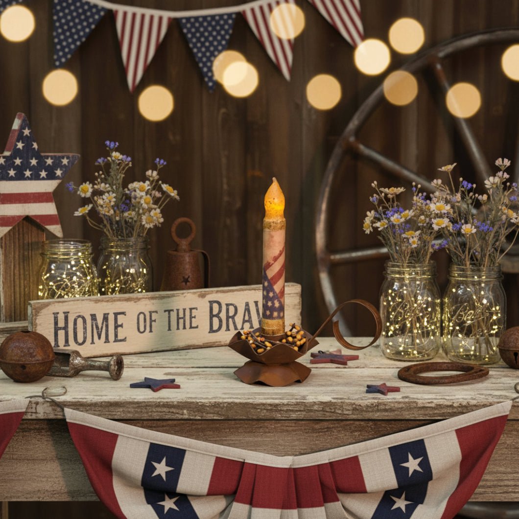 6" Burnt Ivory Vintage American Flag Timer Taper Candle - Primitive Americana LED Decor - The Primitive Pineapple Collection